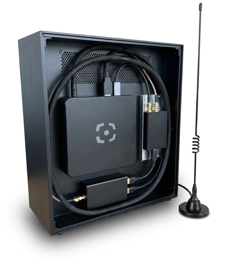 A Beakon radio unit: receivers and processor in a black enclosure, with an antenna